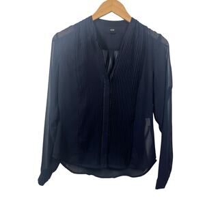 Fate Top Women XS Blue Pin tuck Sheer Button Up Blouse Long Sleeve Officecore